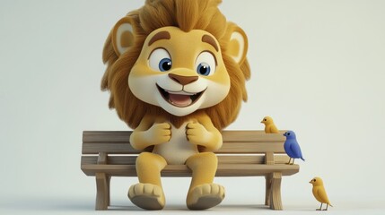 Canvas Print - A cheerful cartoon lion character sitting on a bench with small birds.