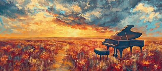 Acrylic artwork depicting a surreal emotional piano concert in a desert landscape with a cloudy sky Modern brush strokes on canvas create a floral background