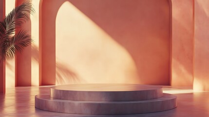 Wall Mural - Two-tiered circular wooden podium in a room with arched doorways and soft light.