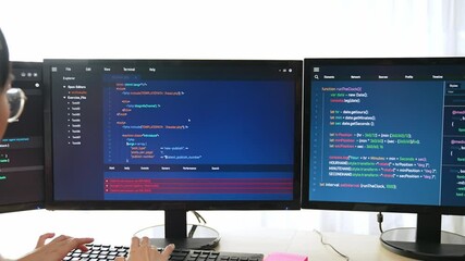 Slow motion back end software developer engineer for computer programming working together on debugging writing computing code, solving complex algorithms display on monitor in office. Burgeoning