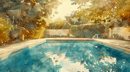 Swimming Pool Backyard Watercolor