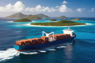 Cargo Ship Sailing in Caribbean Sea with Tropical Islands and Summer Waves