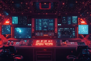 Wall Mural - Futuristic 8-Bit Pixel Space Station with Monitors and Open Console for Copy Space