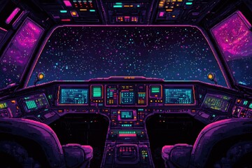 Wall Mural - Futuristic 16-bit Pixel Space Station with Glowing Buttons on Empty Background for Copy Space