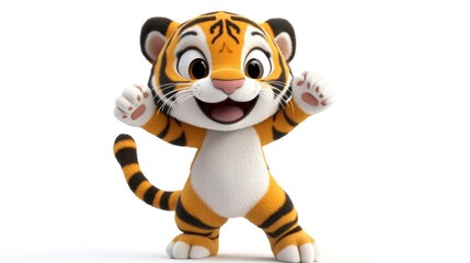 A cheerful cartoon tiger character with a playful pose and vibrant colors.