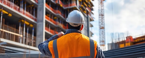 Engineer observing the installation of steel girders, high-rise in background, dramatic lighting and ultra-realistic textures of the construction site