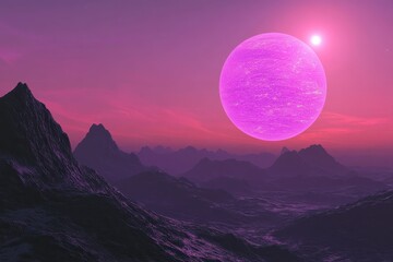 Wall Mural - Extraterrestrial Pixelated Landscape with Vibrant Purple Sky and Copy Space