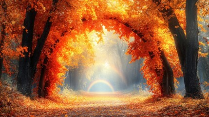 Wall Mural - Autumn Forest Path with Rainbow and Sunlight