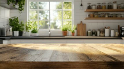 L shaped kitchen featuring a focus on the table surface with a blurred backdrop showcasing an inviting area for products and dining 3D rendering and illustration