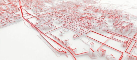 Wall Mural - Map of streets created with red lines on a white background Aerial perspective 3D rendering illustration