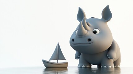 Wall Mural - A cute cartoon rhinoceros gazes at a small sailboat in a serene water setting.