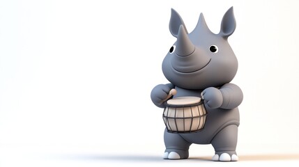 A cute cartoon rhinoceros happily playing a drum.