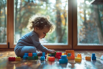 A little child with curly hair plays with colorful blocks in a minimalist living room filled with warm afternoon light