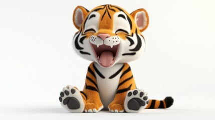 A cute cartoon tiger cub laughing joyfully, showcasing a playful and friendly demeanor.