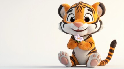 Sticker - A cute cartoon tiger cub holding a flower, exuding joy and playfulness.