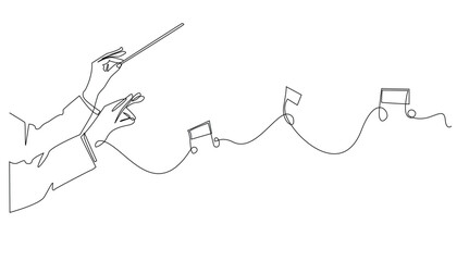 continuous line drawing of orchestra conductor.single line drawing of orchestra leader's hand holding baton.single line drawing of conductor directing music instruments.