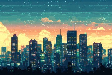 Wall Mural - Retro Pixelated City Skyline with Blank Copy Space Skyline for Text Overlay