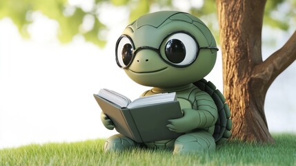 Poster - A cute turtle character reading a book under a tree, enjoying a peaceful moment.