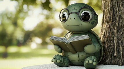 Poster - A cute turtle character reading a book under a tree in a serene outdoor setting.