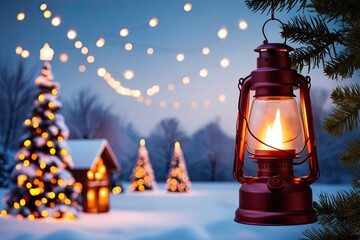 Cozy Christmas Lantern Light in a Peaceful Winter Wonderland with Sparkling Lights