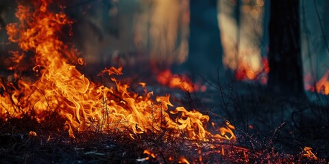 Sticker - Close up of a forest wildfire during daytime with selective focus