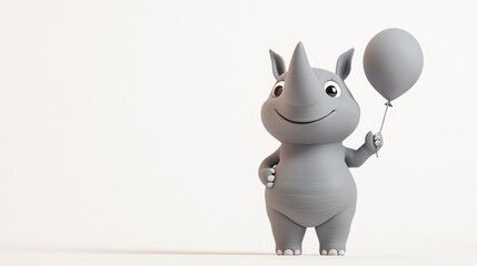 A cute, cartoonish gray rhinoceros holding a balloon, evoking a playful and cheerful vibe.