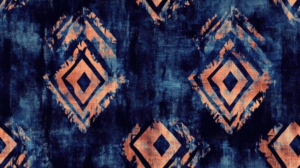 Ikat pattern featuring a dark design with Mayan influences ceremonial tile style seamless tie dye batik watercolor print splashed banner indigo colors and African inspired textured artwork