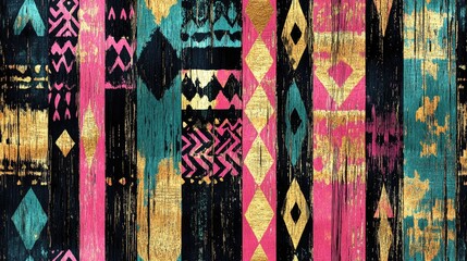 Wall Mural - Ikat art featuring a seamless African pattern showcasing Indian native ornaments and a boho inspired endless texture This vintage patchwork includes geometric prints in black cyan pink green and g