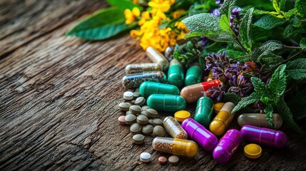 Assortment of Natural Herbal Supplements and Medicinal Herbs on Wooden Background