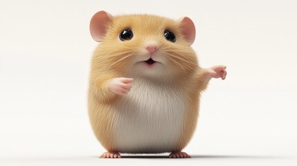 A cute, chubby hamster with a cheerful expression, standing upright on a white background.