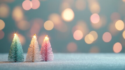 Sticker - Decorative miniature Christmas trees stand illuminated by colorful bokeh lights, enhancing a festive indoor setting