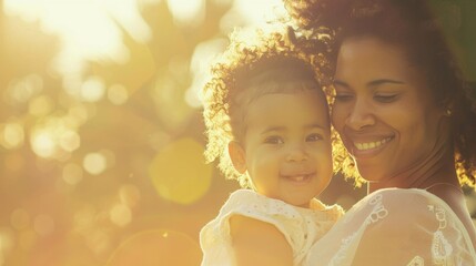 Wall Mural - A mother joyfully embraces her smiling child in a sun-kissed park, capturing a moment of warmth and connection during the afternoon