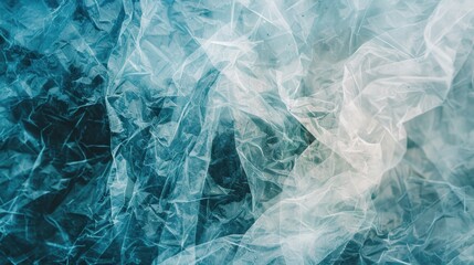 Poster - an intricate crumpled transparent plastic texture blends various shades of blue and white, evoking a