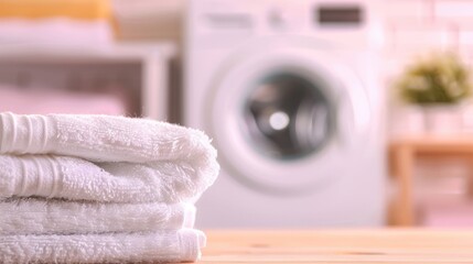 Soft, clean white towels are arranged neatly on a table in a well-lit laundry space beside a washing machine