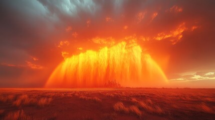 Sticker - Fiery Sunset with Cityscape and Field of Grass