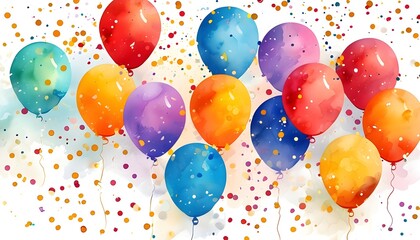 Vibrant watercolor balloons adorned with scattered confetti on a crisp white background, ideal for joyful celebrations and festive designs