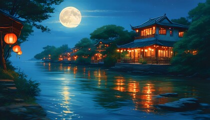 Serene seaside nightscape with a glowing traditional house adorned with lanterns, embraced by vibrant greenery under the full moon