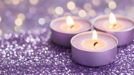 Wall Mural - Glowing purple candles illuminate a sparkling purple background, enhancing a calming and enchanting atmosphere perfect for relaxation