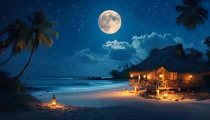 Moonlit tropical beach with thatched hut aglow from lanterns under a starry night sky