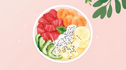 Healthy Poke Bowl With Fresh Fish Fruits And Vegetables Japanese Hawaiian Cuisine