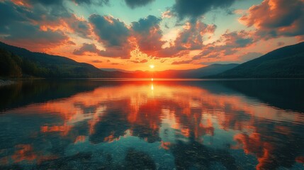 Wall Mural - Sunset Reflection on a Still Lake with Mountains in the Distance