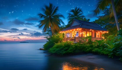 Serene beachside hut at dusk surrounded by lush tropical foliage, peaceful ocean view, and a starry night sky