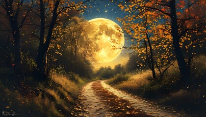 Wall Mural - Tranquil evening stroll through a wooded path illuminated by a large golden moon amidst autumn foliage