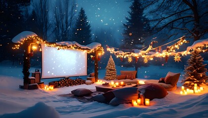 Charming outdoor winter movie night adorned with Christmas decorations, glowing candles, and twinkling festive lights under a snowy sky