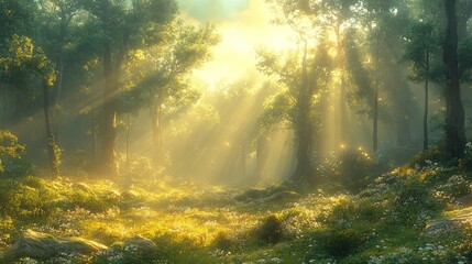 Wall Mural - Sunbeams Filtering Through a Misty Forest Clearing