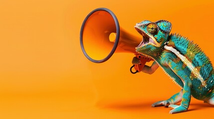 Playful Mix of Wildlife: Vibrant Chameleon Shouting into a Megaphone Against a Solid Orange Background – Creative Announcement Concept