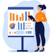 © Khritthithat - Businesswoman standing beside a large chart showing debt reduction, with graphs and data, corporate management style