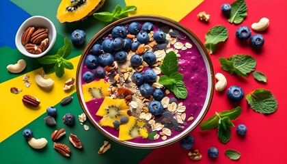 Vibrant acai smoothie bowl topped with fresh fruits, crunchy granola, nuts, and mint leaves against a colorful backdrop