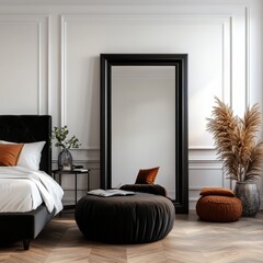 Stylish bedroom interior featuring a large mirror, cozy bedding, and elegant decor elements for a modern ambiance.