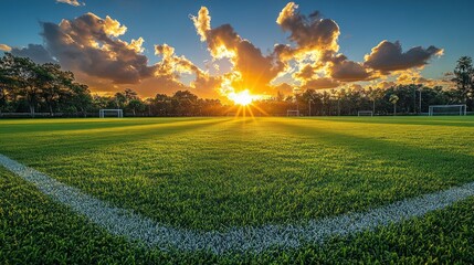 Sticker - Sunset Over a Green Grass Soccer Field with a White Line